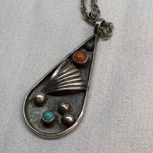 Vintage Southwestern Sterling Turquoise Coral Pitot Point Teardrop Pendant